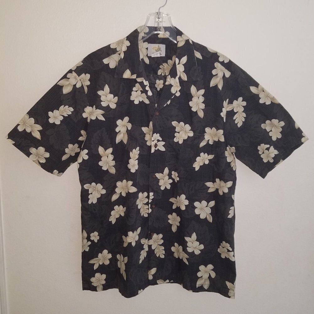 Ho Aloha Hawaiian Shirt Men's Large Black Gray Tan Floral Button Front Hawaii